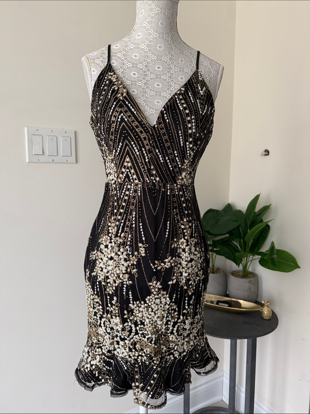 Black & Gold Embellished Spaghetti-Strap Mini Dress